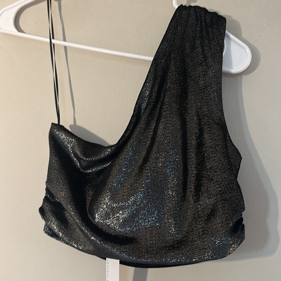 NWT Susana Monaco Black Metallic One Shoulder Ruched crop top women size Small - Picture 10 of 11